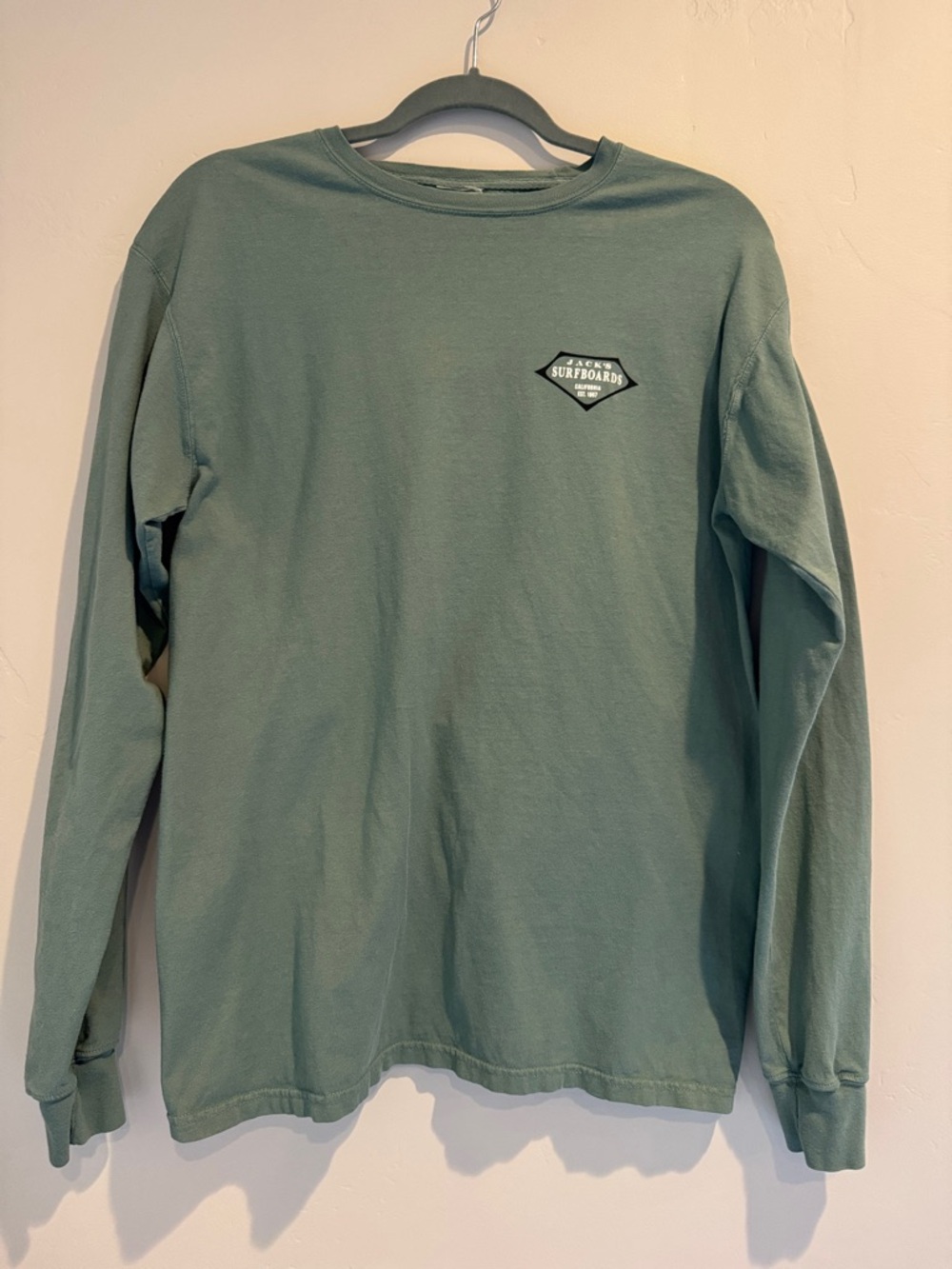 Jack’s Surfboards Sage Green Long Sleeve Surf Logo Tee. Men’s size Medium